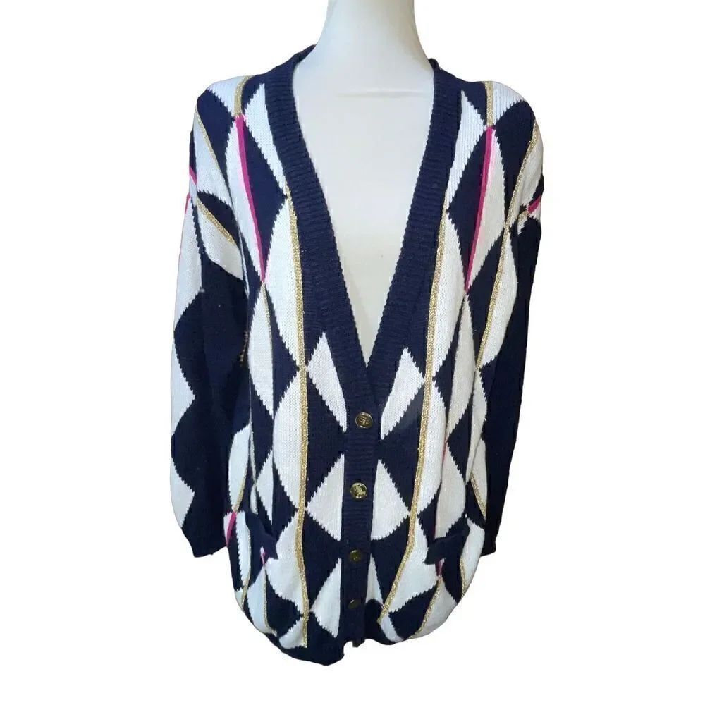 Concepts Button Down Geometric Multi Color Long Sleeve Navy Blue& White Cardigan